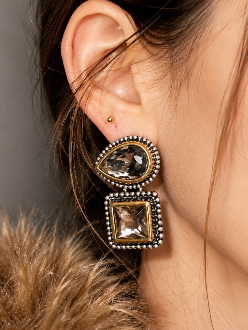 Anthropologie Elegant Gold and Silver Teardrop & Stone Earrings